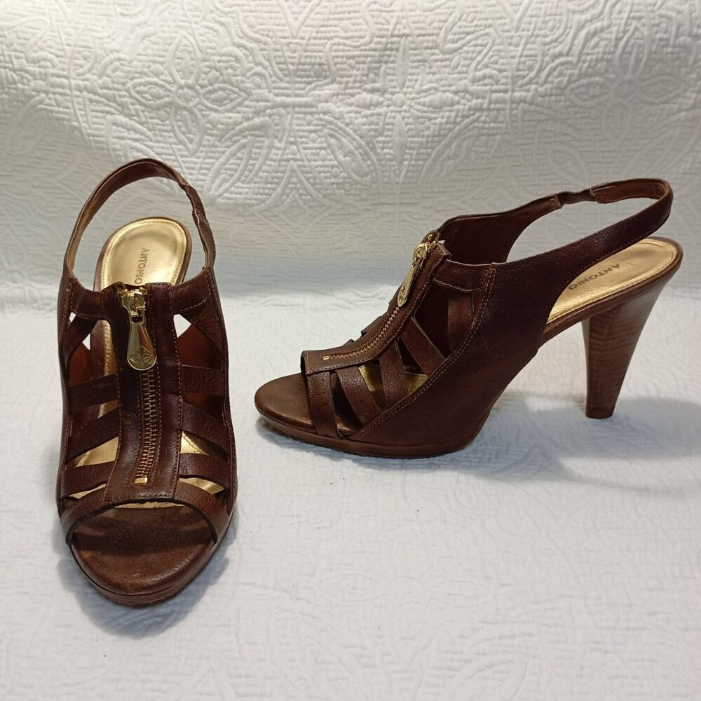 Antonio Melani Brown Leather Slingback Heels Gold Zipper Detail Women’s Size 10M